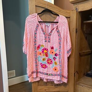 Tru Luxe Jeans Pink Striped Tunic with Multicolor Floral Embroidery